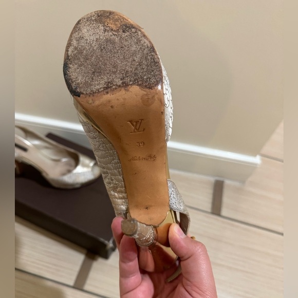 Louis Vuitton Satin Metallic Gold Motard Piccadilly Peep Toe Slingback Platform - Picture 8 of 13